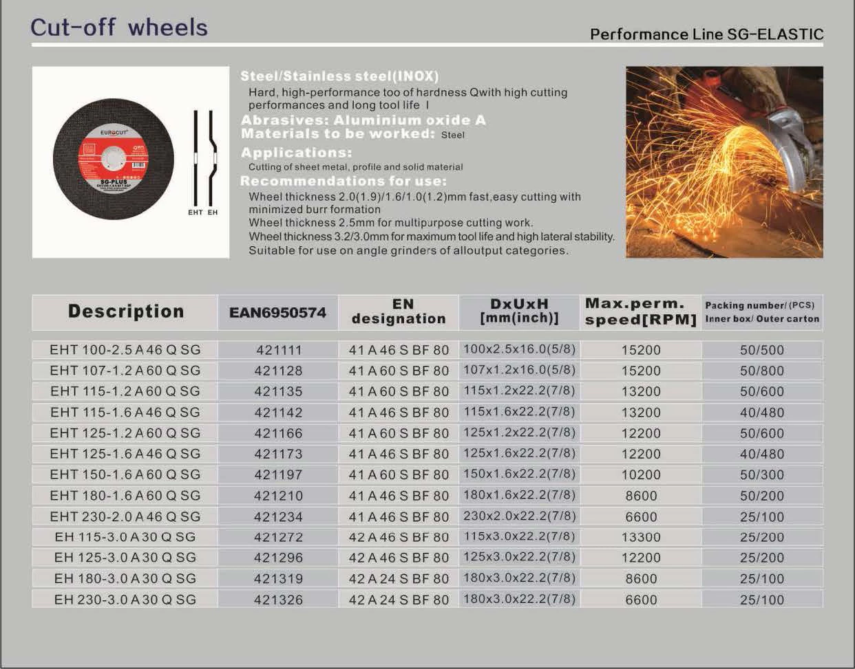SG-ELASTIC cutting disc for steel and stainless steel, aluminium oxide abrasive wheel with low burr cutting for industrial angle grinders