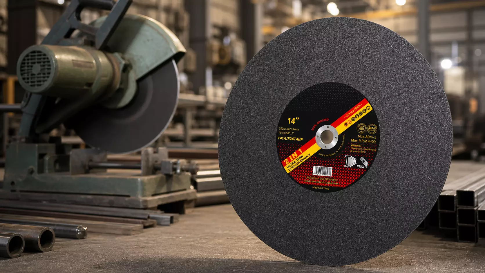 14 inch cutting disc, 350mm metal cut-off wheel mounted on a chop saw with steel profiles in the background, OEM supplier product photo