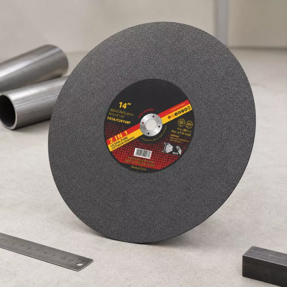 14 Inch T41 Cutting Disc 350mm x 3.2mm for Steel Cutting 14 inch 350mm T41 cut-off wheel in a light workshop scene for steel cutting and fabrication use