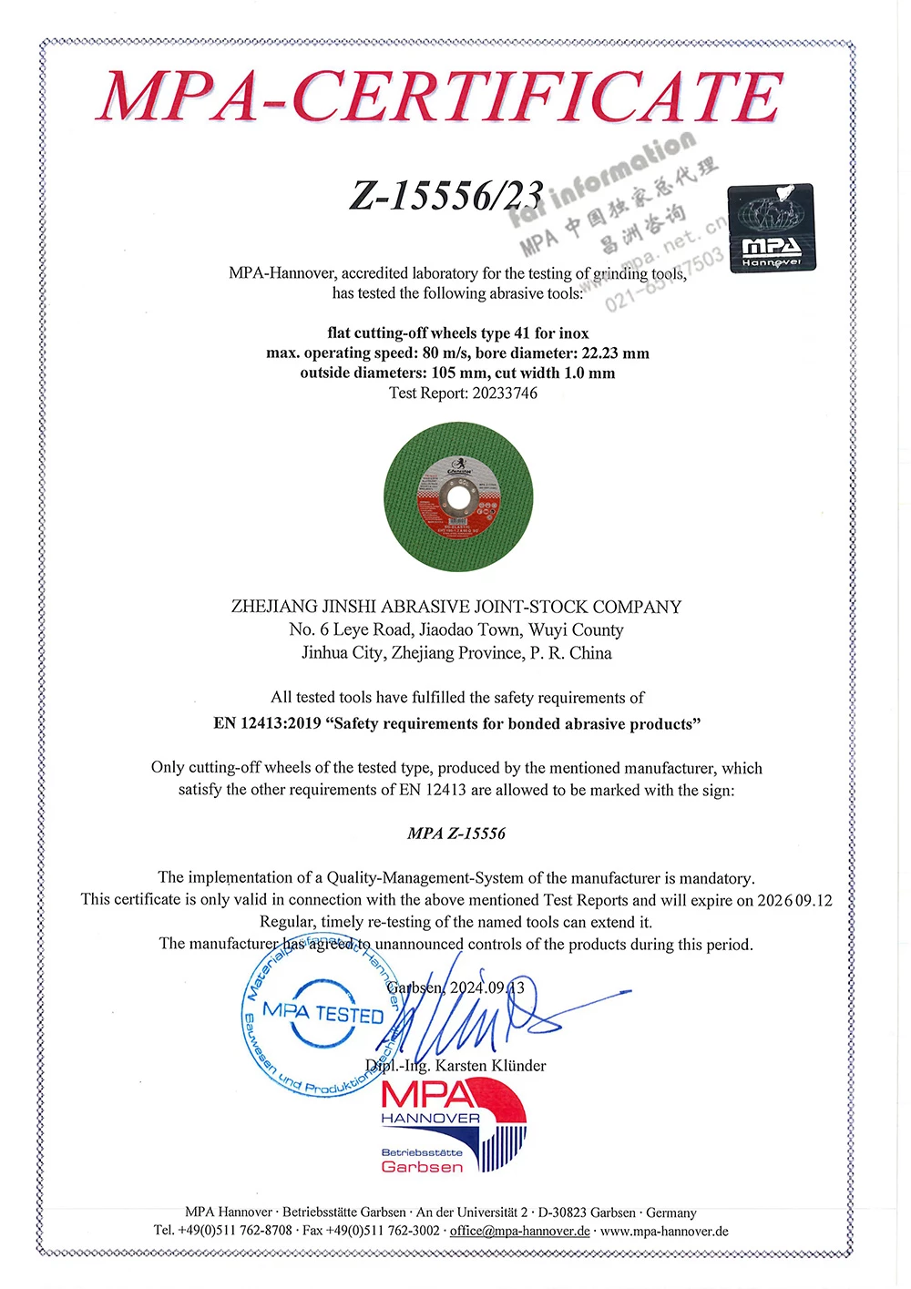 MPA Hannover Certificate Z-15556/23 for flat cutting-off wheels type 41 (inox), 105mm x 1.0mm. Manufactured by Zhejiang Jinshi Abrasive, compliant with EN 12413:2019 safety standards.