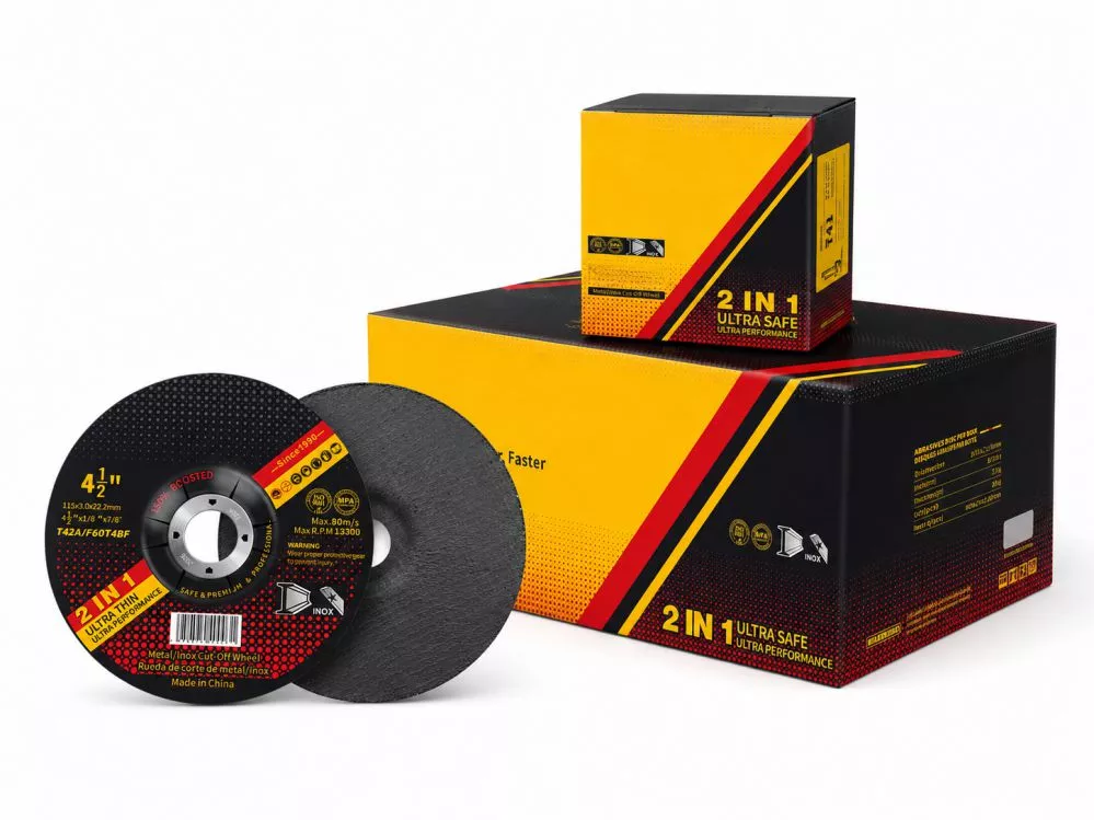 4 1/2 inch cut off disc 115×3.0×22.2mm T42 concave metal cutting wheel with yellow black red OEM export carton from China manufacturer