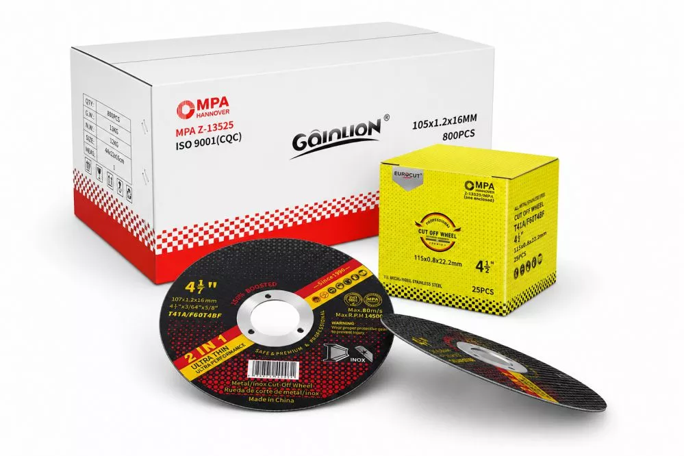 4 Inch Cut Off Wheel Manufacturer | Custom 107mm (4.2") Solutions Custom 107mm cutting discs showing 0.8mm and 1.2mm thickness options, displayed with private label export cartons by China abrasive manufacturer