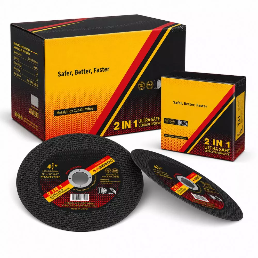 4 Inch Cutting Wheel Manufacturer | 107×0.8×16mm Ultra-Thin T41 4 inch ultra thin cutting wheel 107x0.8x16mm T41 from China OEM manufacturer, showing disc pair and branded inner box and outer carton for bulk export