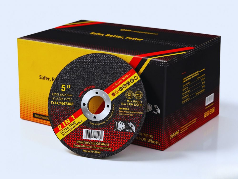 5 Inch Cutting Disc 125×1.6×22.2mm T41 | Ultra-Thin | OEM Factory China 5 inch T41 cutting disc 125×1.6×22.2mm with OEM export carton, double-layer fiberglass reinforced, EN 12413, 12,200 RPM, China manufacturer.