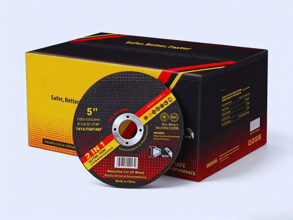 5 inch ultra-thin T41 cutting disc 125×1.2×22.2mm with OEM export carton from a China cutting disc manufacturer, double fiberglass reinforced and rated 80 m/s for 125mm angle grinders.