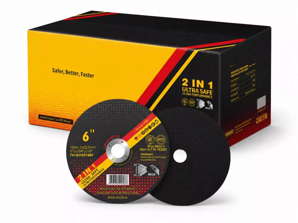 6 Inch Cutting Disc 150mm T41 | Wholesale OEM Manufacturer & Supplier in China 6 inch cutting disc 150x1.2x22.2mm T41A ultra-thin cut-off wheel with OEM export packaging, wholesale manufacturer China, Max 10200 RPM, EN 12413 certified