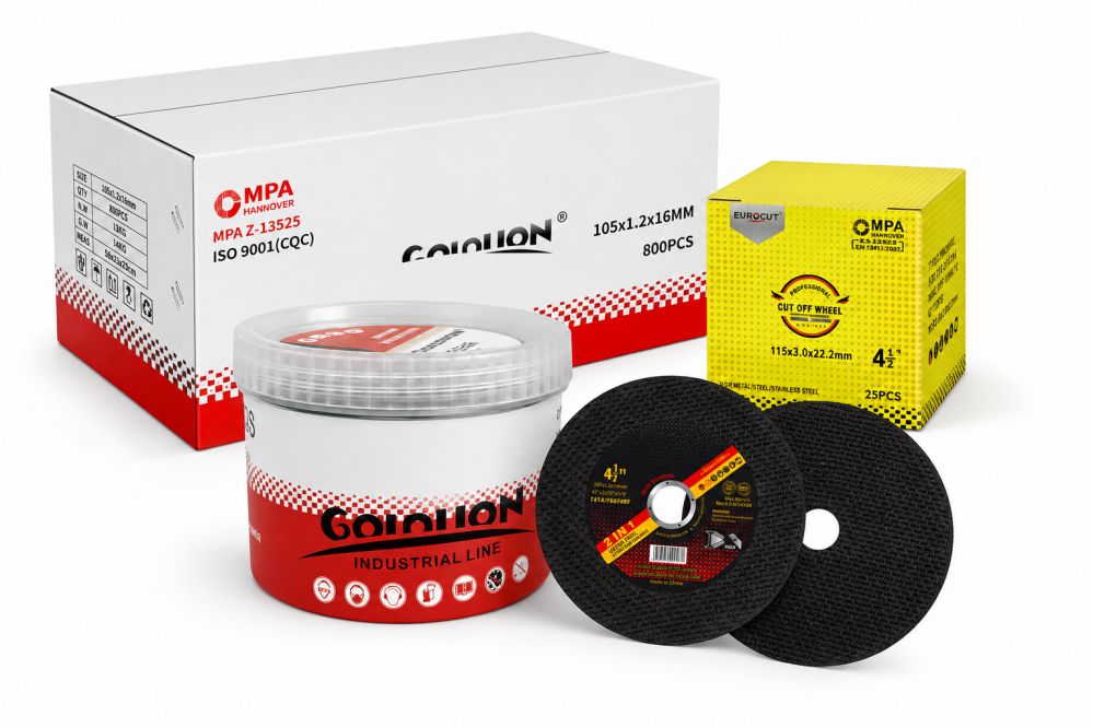 105x1.2x16mm ultra-thin 4 inch cutting wheel next to branded wholesale export cartons and protective plastic drum, manufactured by China OEM supplier